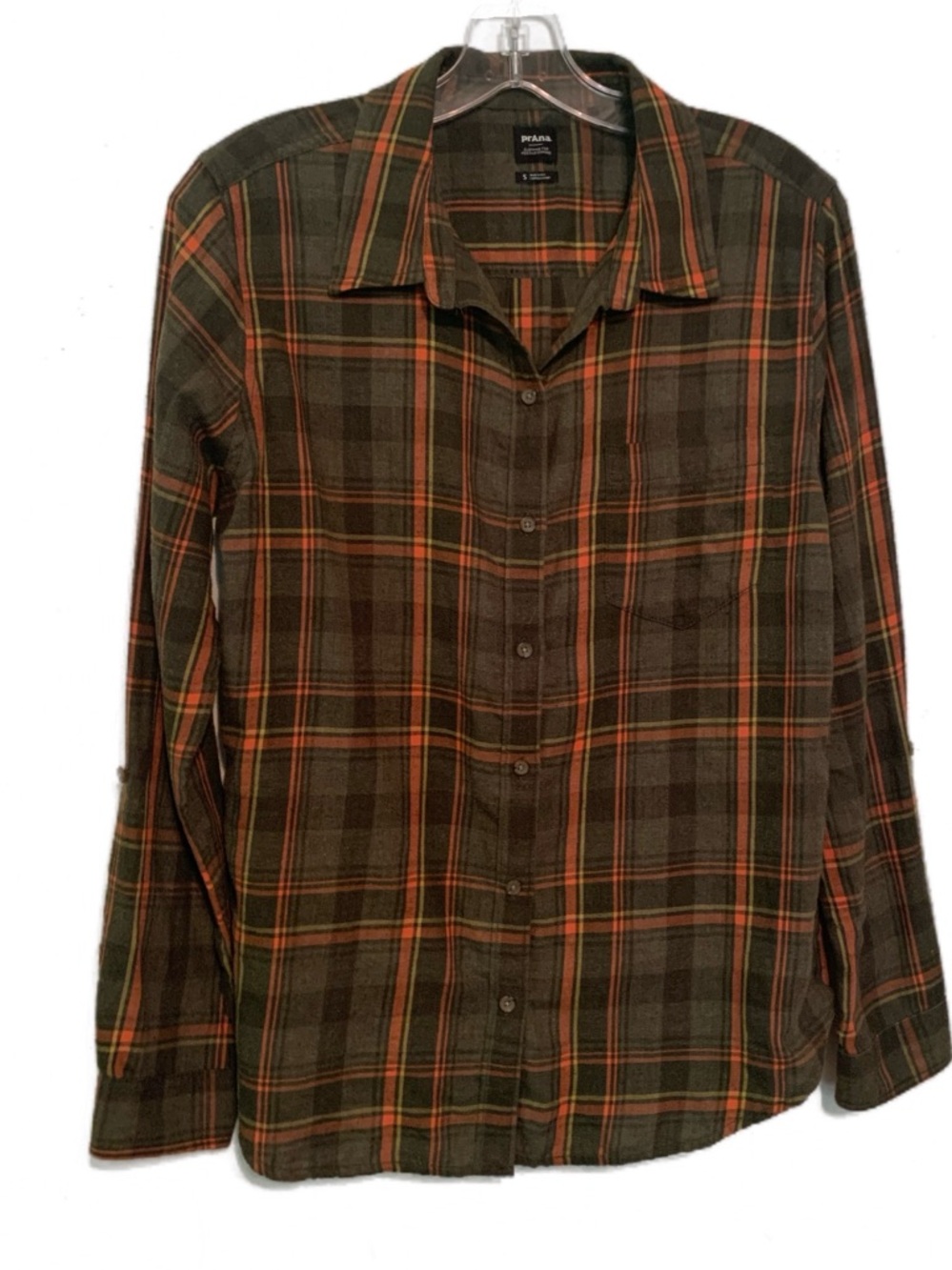 PrAna Alfie  Olive Green and Orange Plaid Button-Down Shirt Sz S